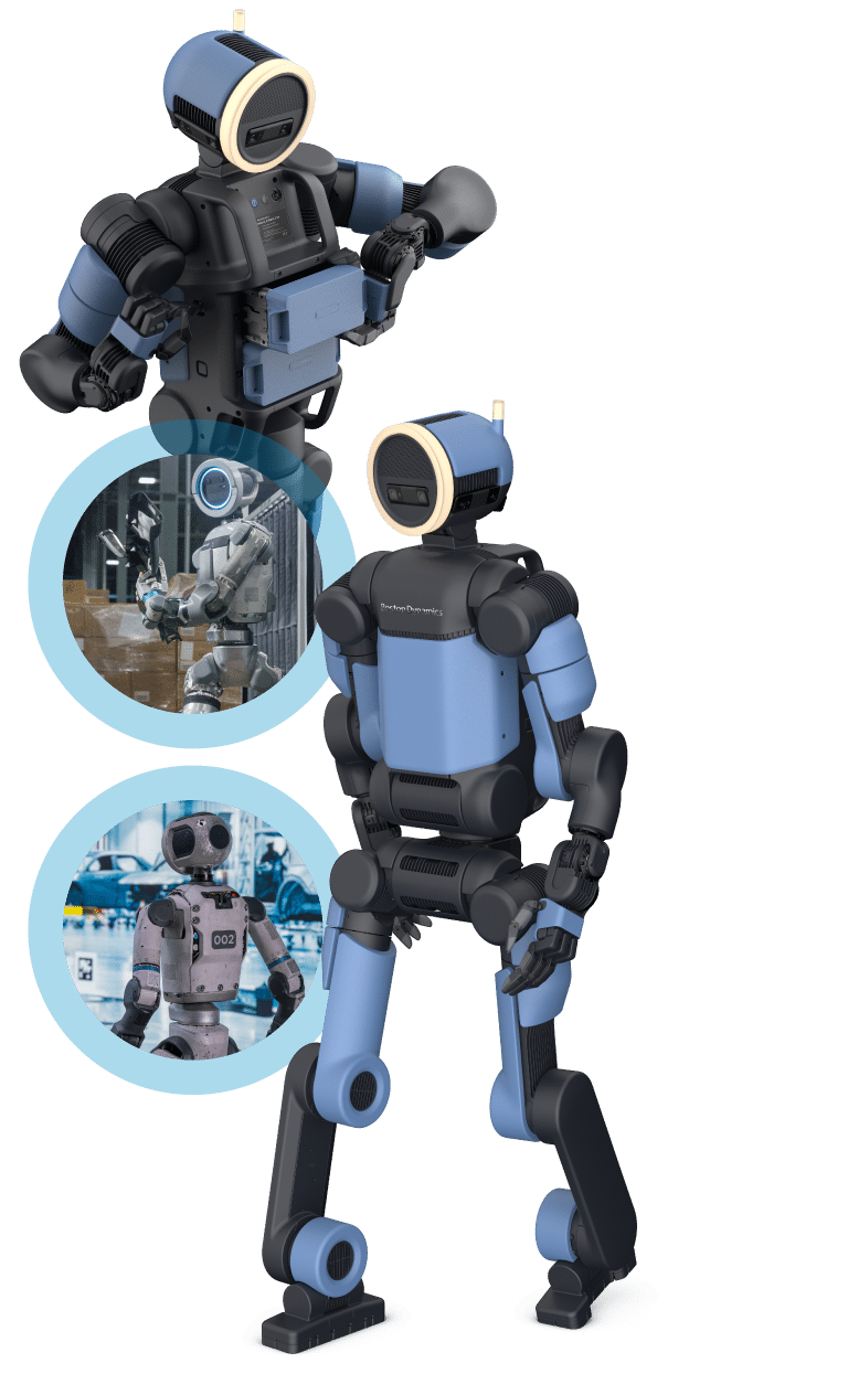 Several renders of Atlas paired with photos showing the robot's dynamic poses and capabilities